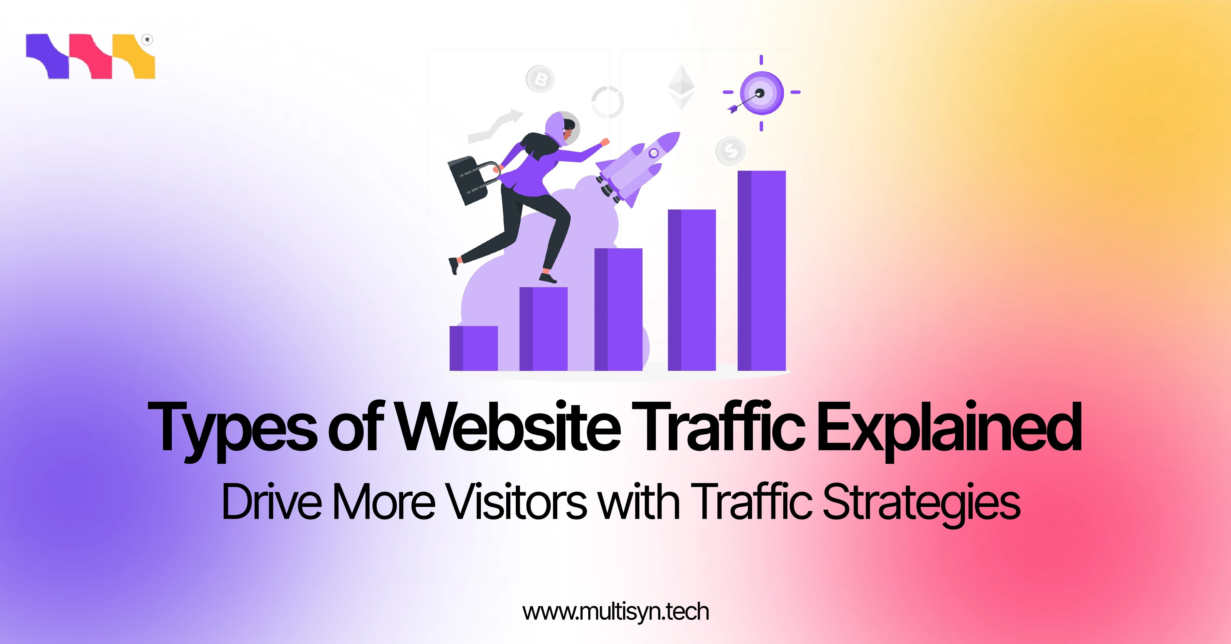 Illustration showing website traffic growth with a person climbing bar graphs, representing strategies to increase different types of website traffic.